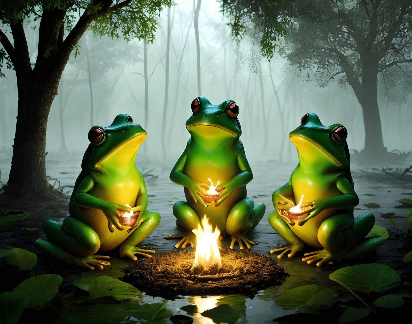 Cartoon frogs at campfire in misty swamp with water lilies