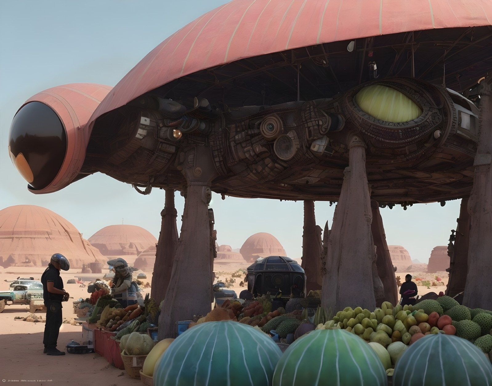 Vibrant market scene with spaceship overhead and fruit vendors.