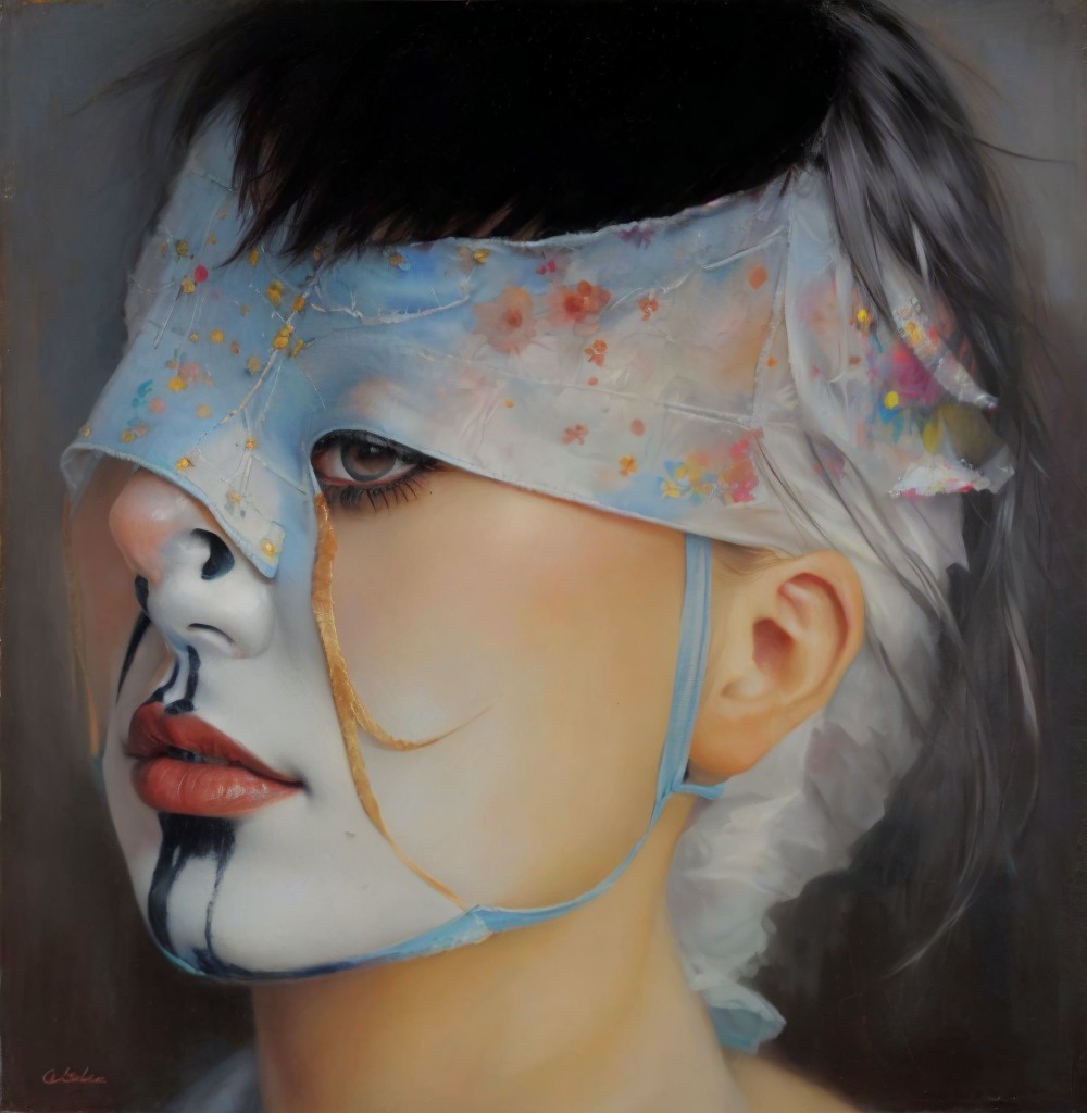 Young Woman with Mask and Floral Accents in Painting