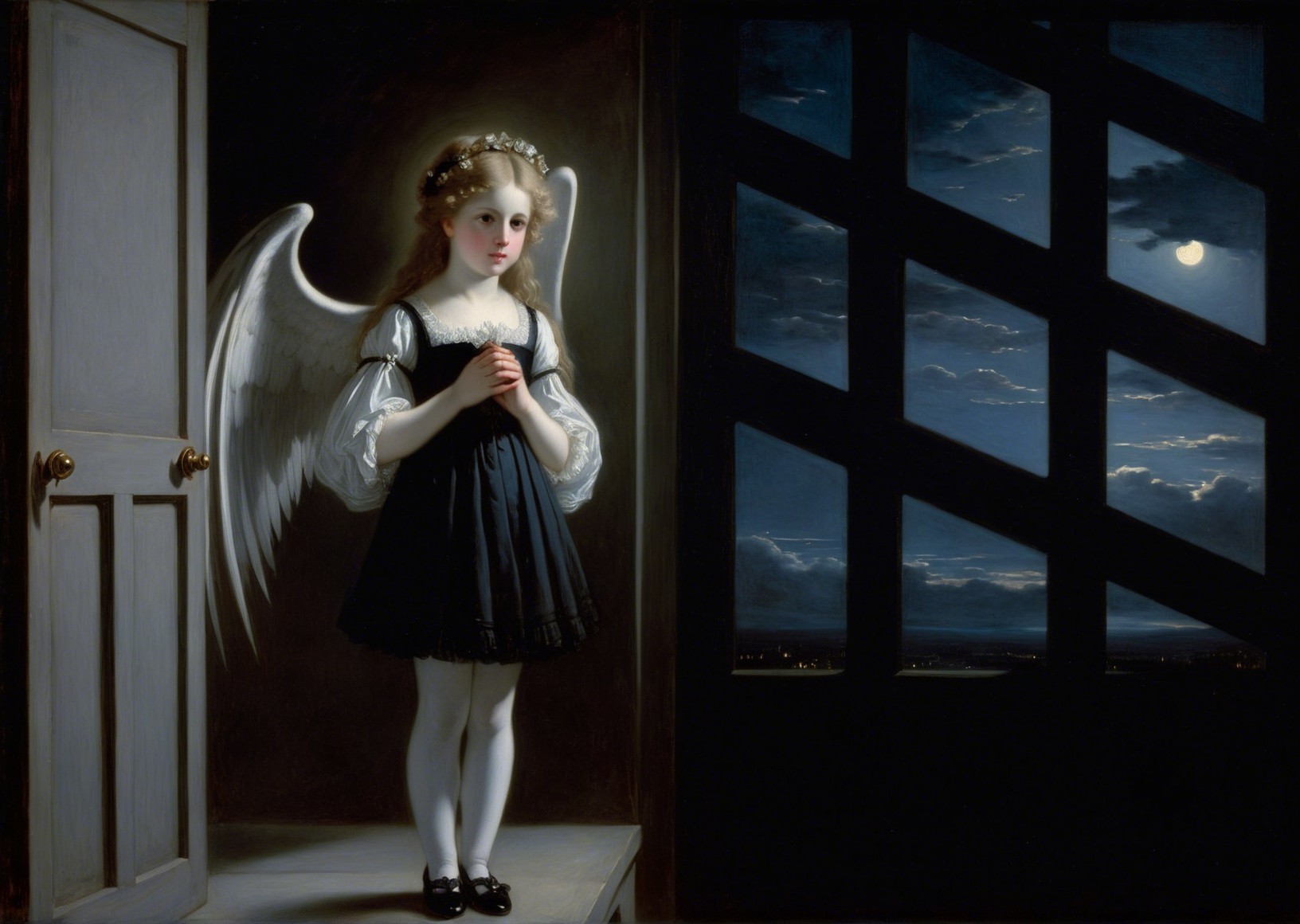 Young girl with wings in a dimly lit room
