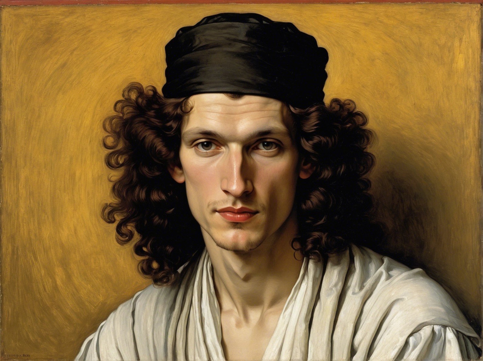 Young man with long hair in black headscarf portrait
