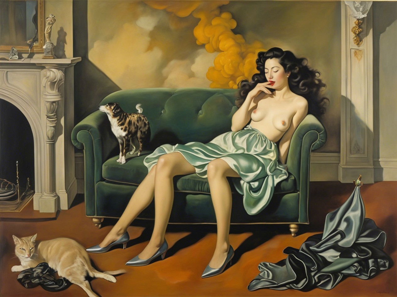 Elegant woman on green velvet sofa with playful cats
