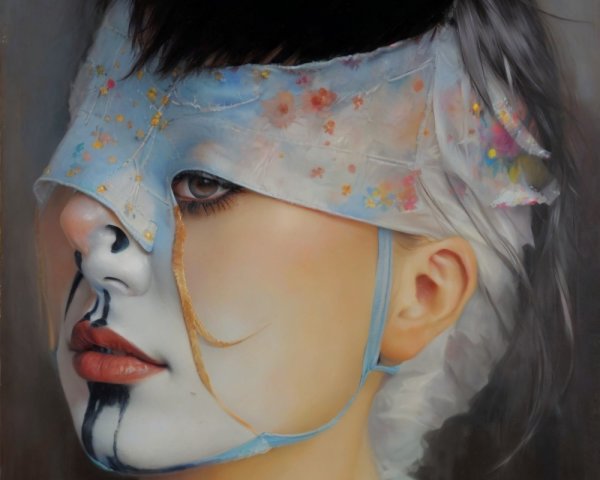 Young Woman with Mask and Floral Accents in Painting