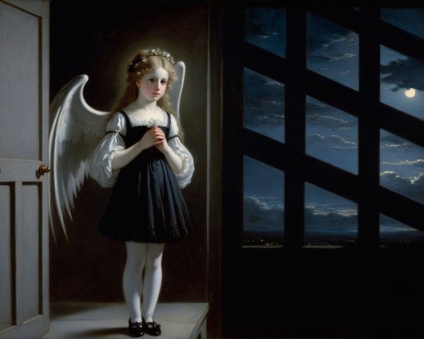 Young girl with wings in a dimly lit room
