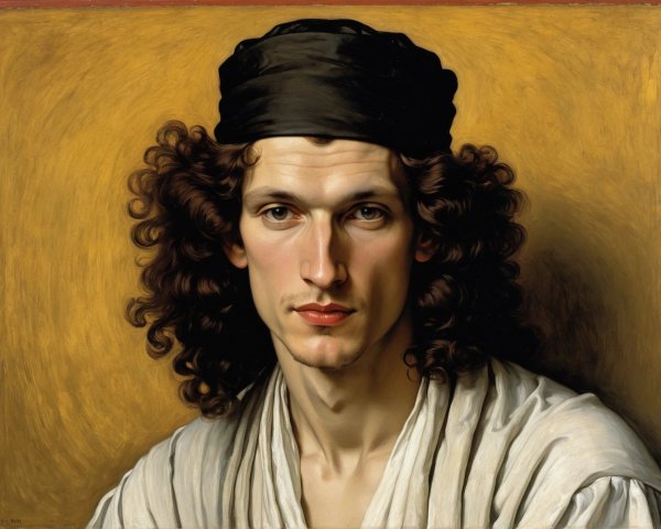 Young man with long hair in black headscarf portrait
