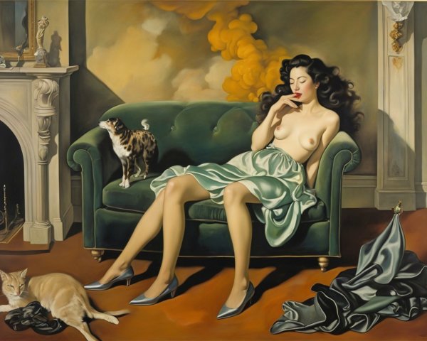 Elegant woman on green velvet sofa with playful cats