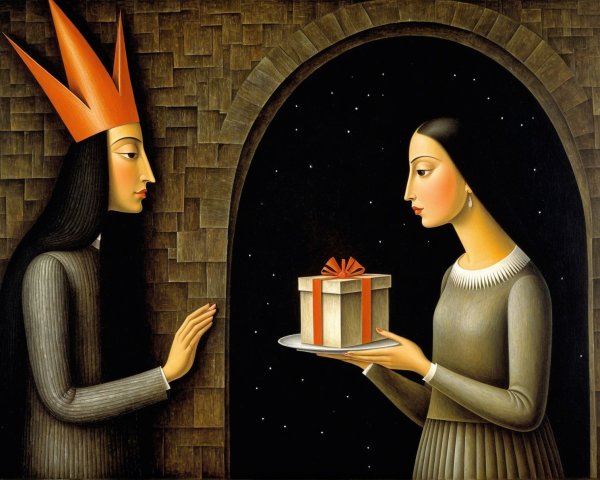 Woman in Gray Dress with Gift by Doorway at Night
