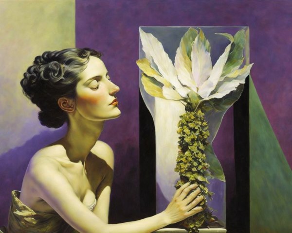 Serene Woman Contemplating Abstract Floral Arrangement