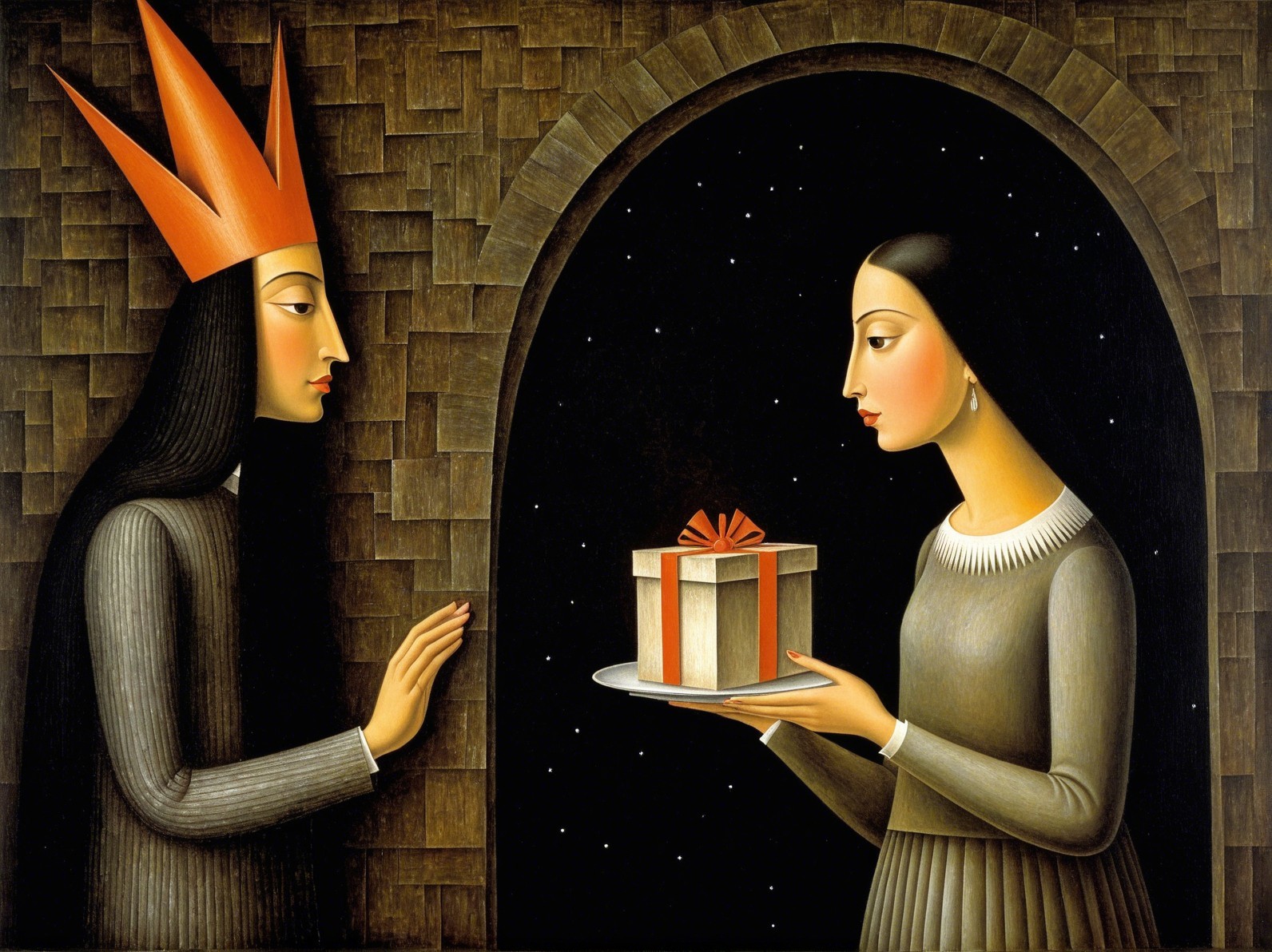 Woman in Gray Dress with Gift by Doorway at Night