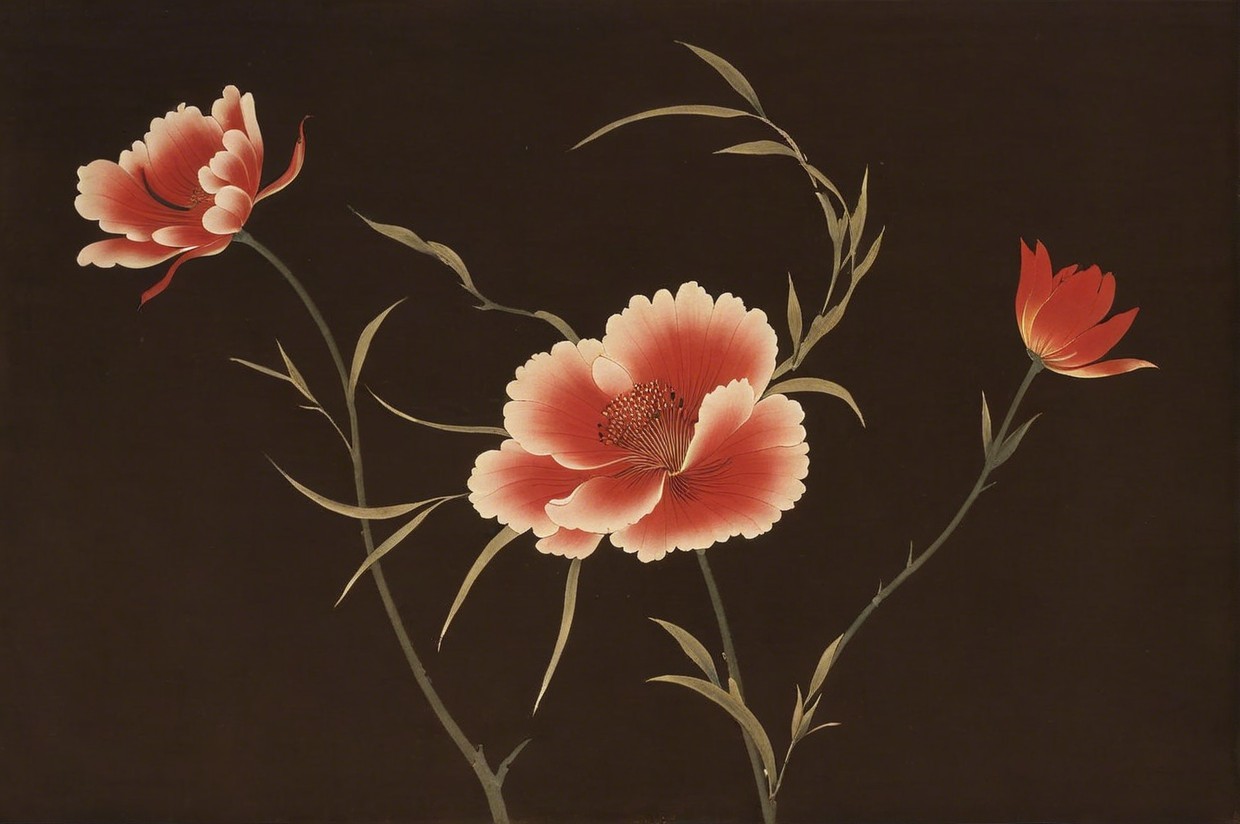 Vibrant Painting of Three Red and Pink Flowers