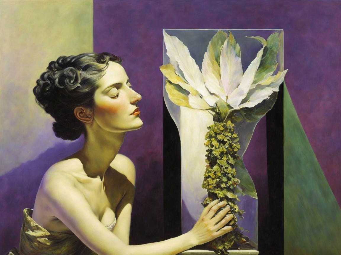 Serene Woman Contemplating Abstract Floral Arrangement