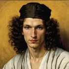 Young man with long hair in black headscarf portrait