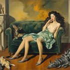 Elegant woman on green velvet sofa with playful cats