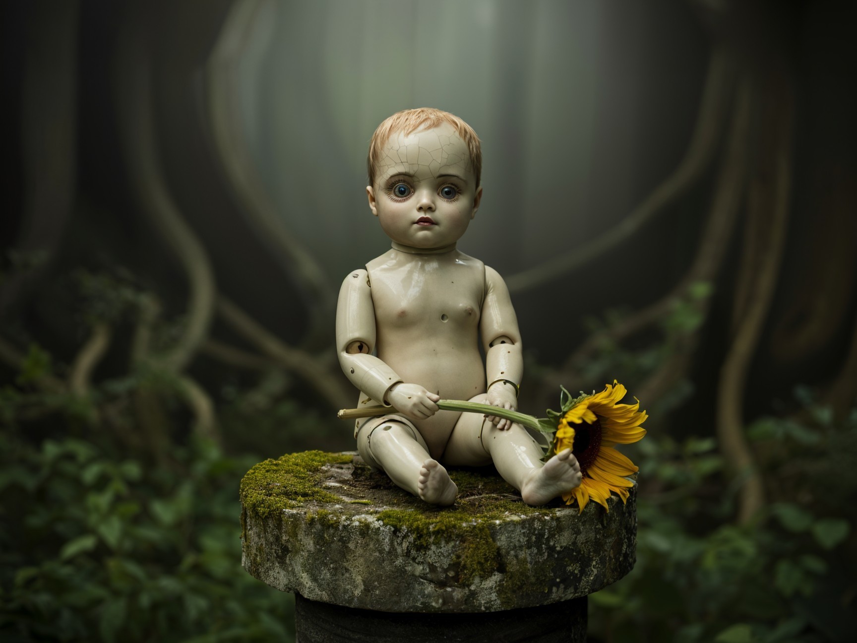Vintage Porcelain Doll on Stone Pedestal in Forest