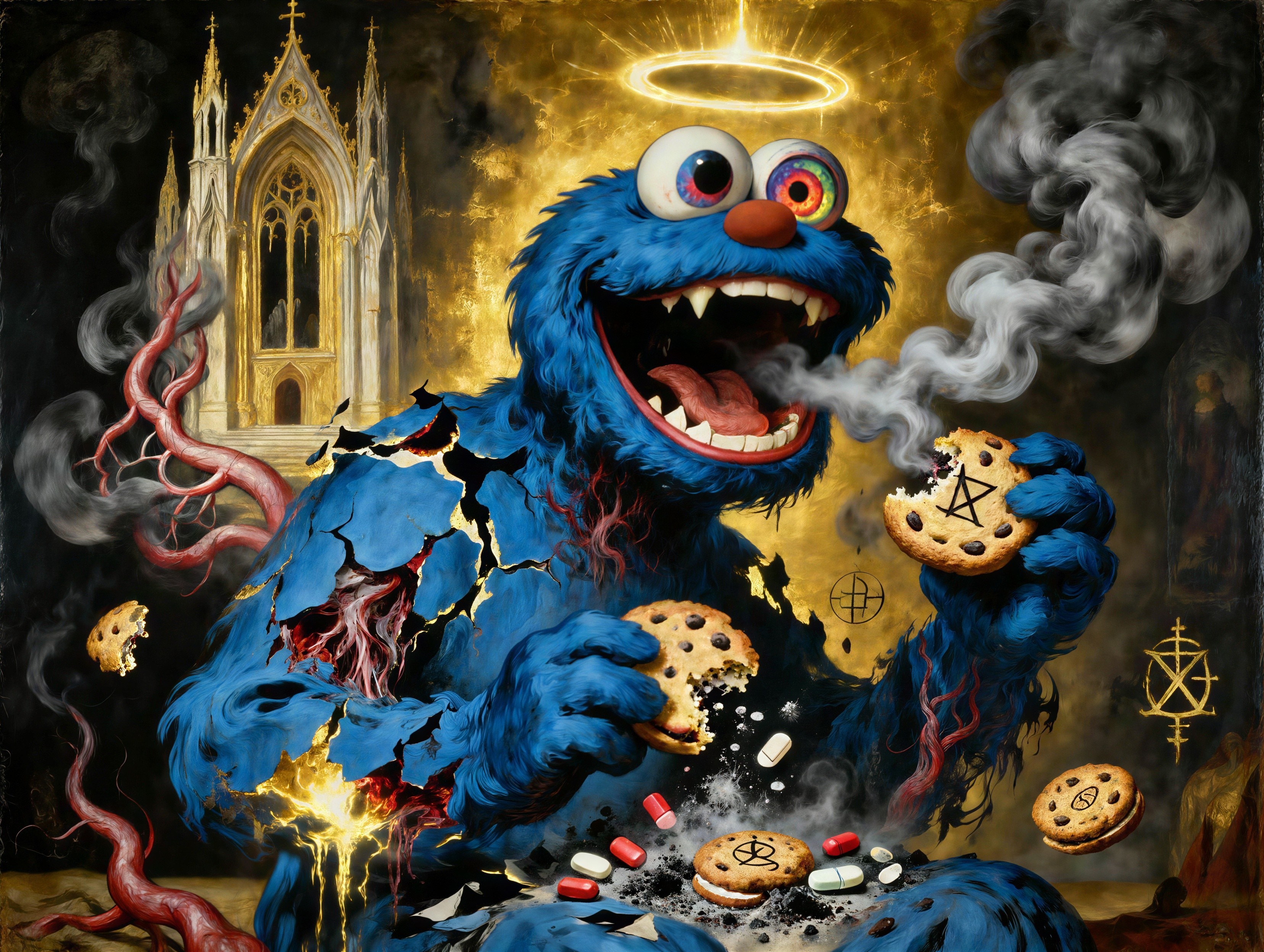 Demonic Cookie Monster in Gothic Church Setting