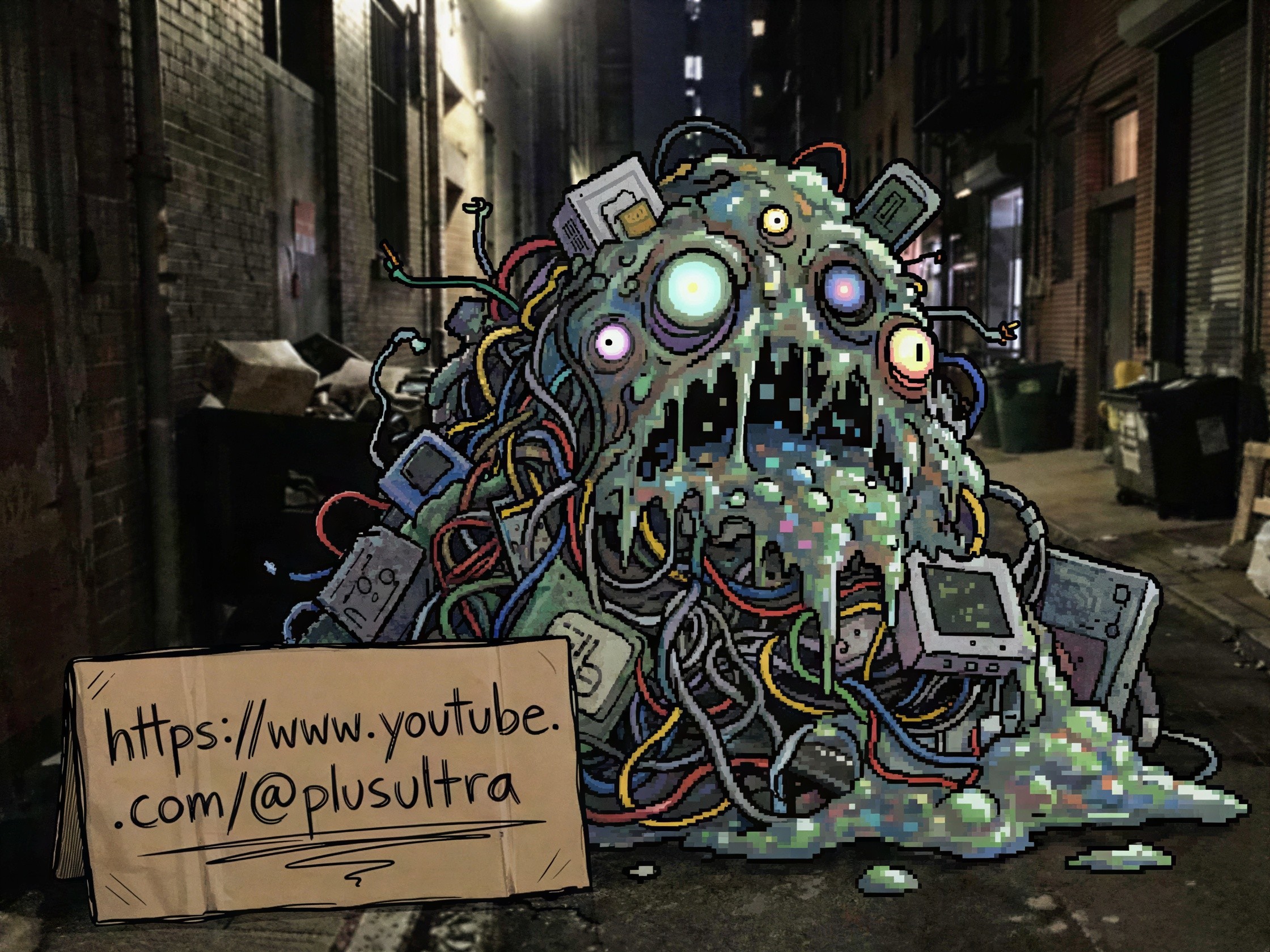 Pixelated Sludge Monster in Dark Alleyway Illustration