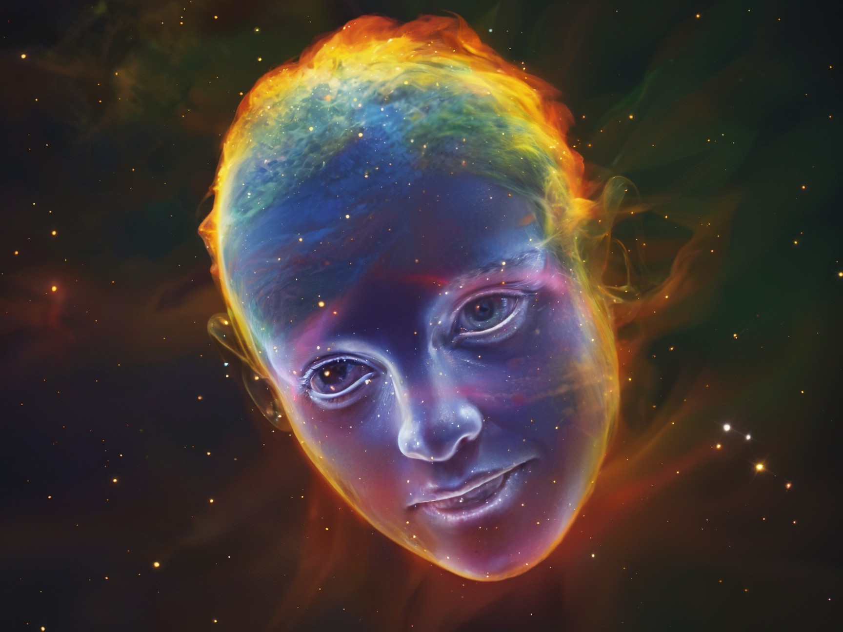 Surreal Cosmic Human Face in Vibrant Nebulae