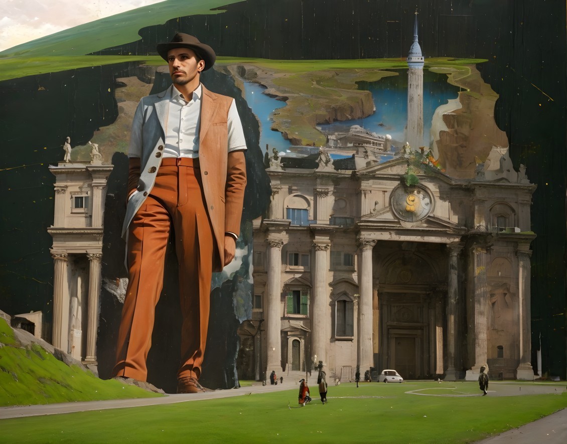 Stylish man in hat and brown suit against inverted cityscape and green hills.