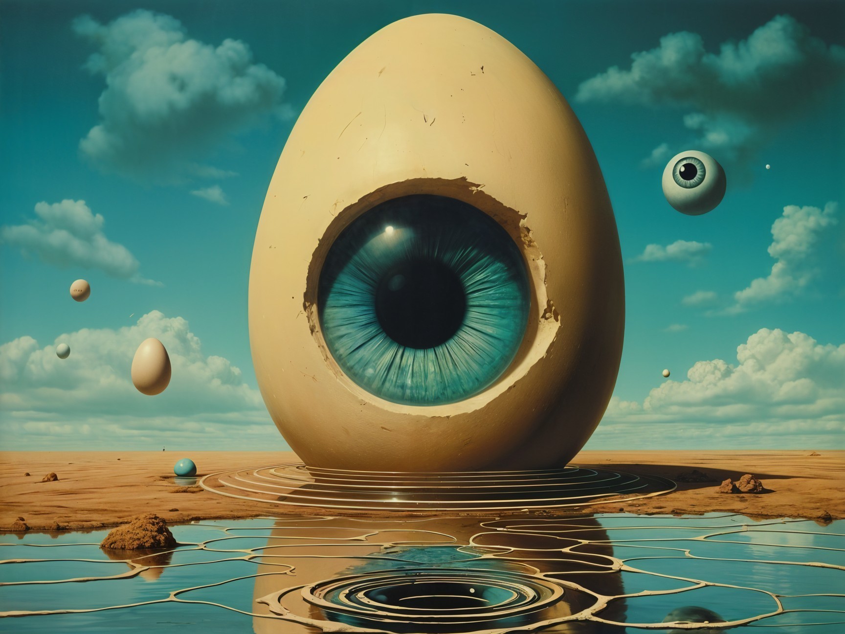 Surreal Landscape with Giant Egg and Reflective Water