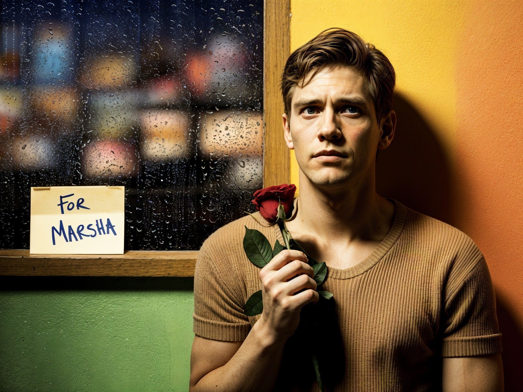 Young Man with Rose by Rainy Window and Sticky Note