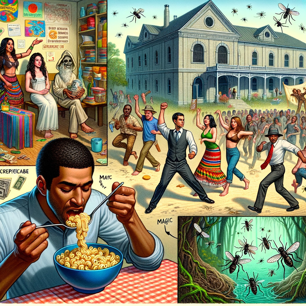 Vibrant Collage of Noodles, Dance, and Mystery
