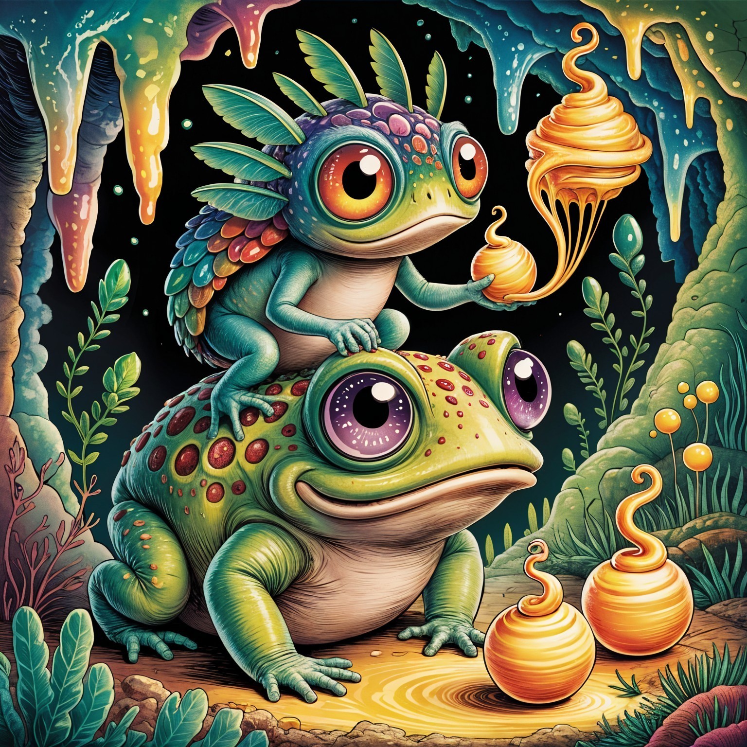 Whimsical Frogs in a Colorful Cave Scene