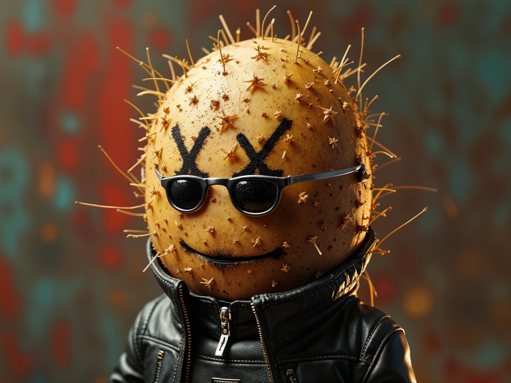 Whimsical Potato Character in Edgy Attire and Sunglasses