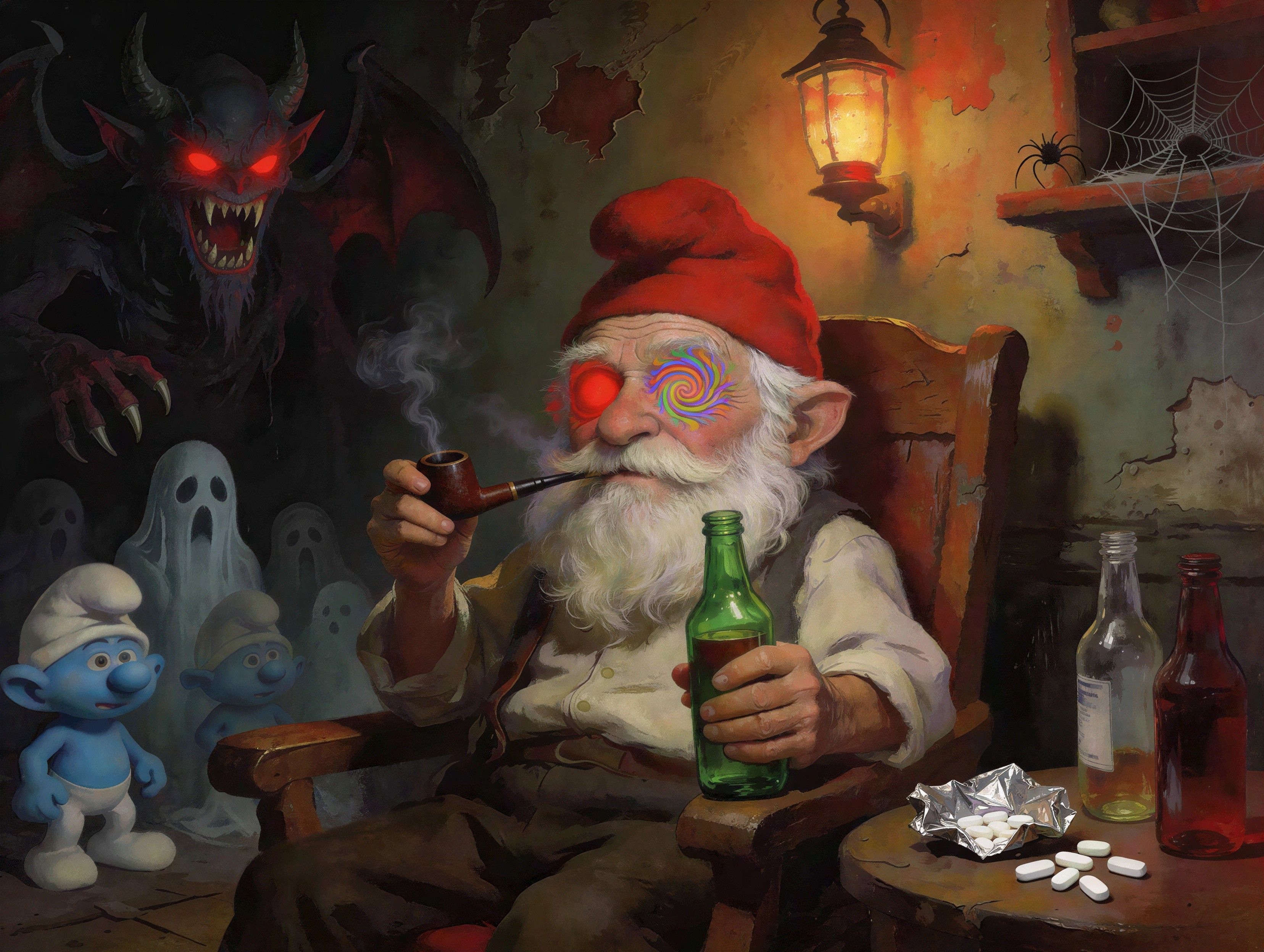 Gnome in Rocking Chair with Demon in Background