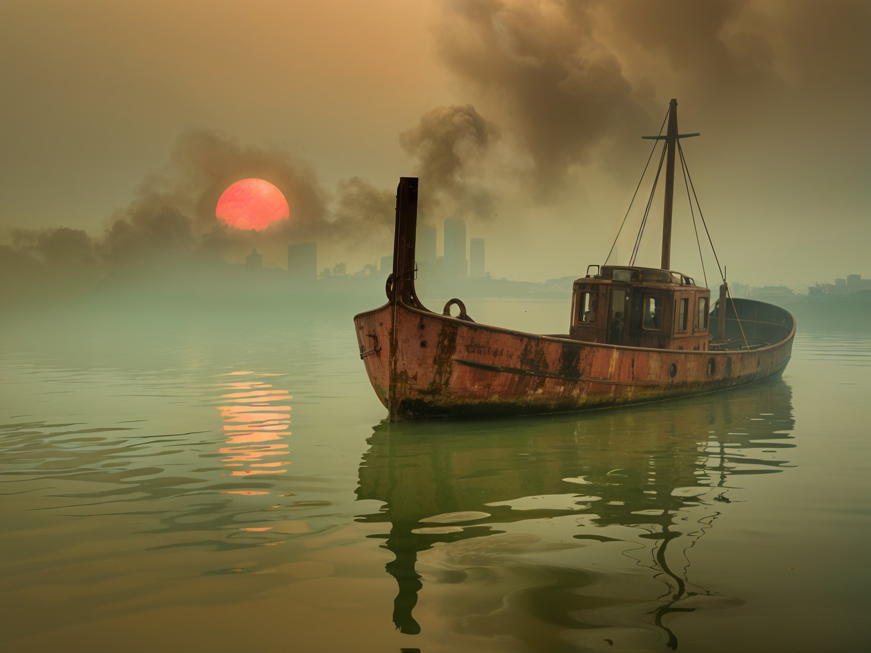 Weathered Boat on Foggy Lake at Sunset