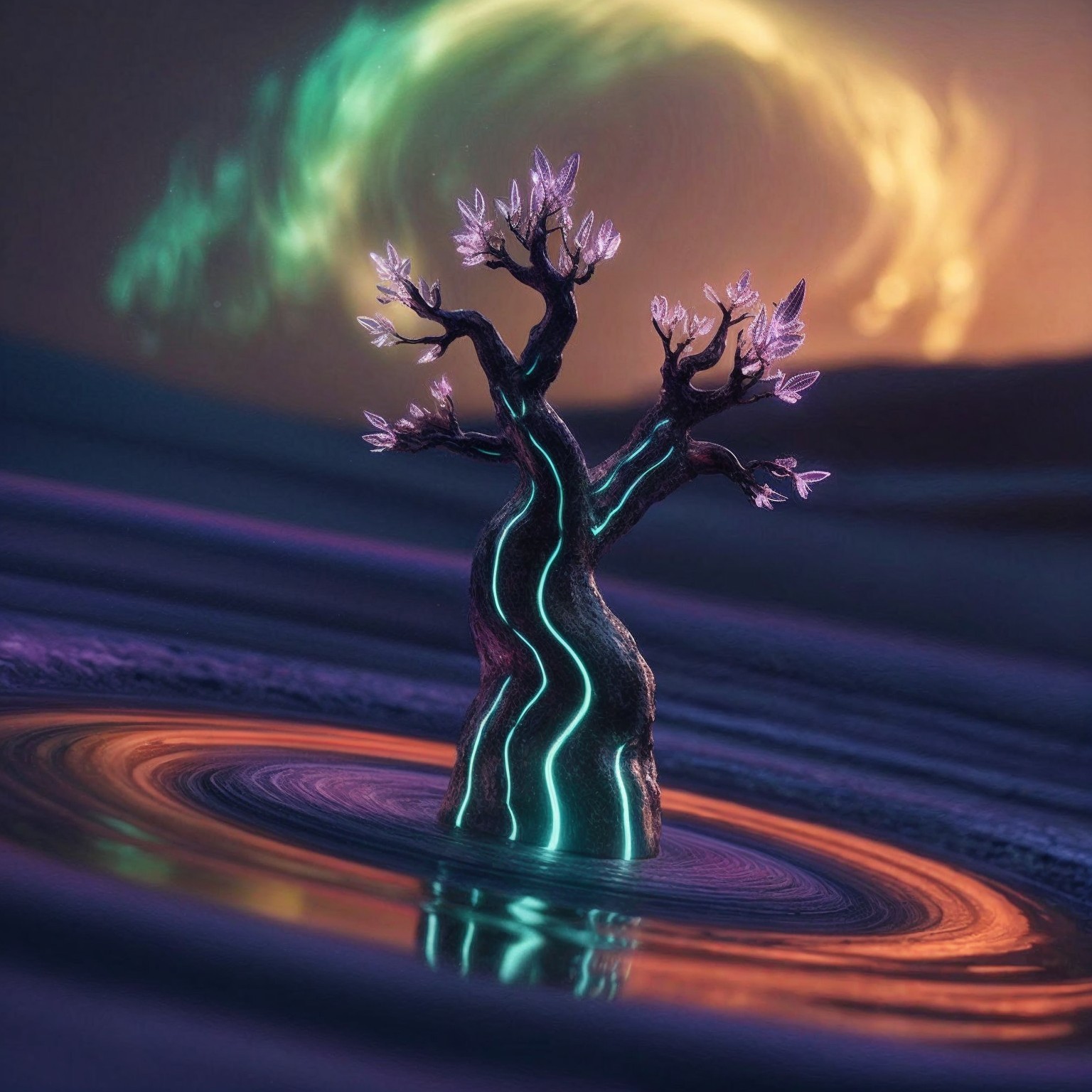Surreal Glowing Tree in Colorful Dreamlike Landscape
