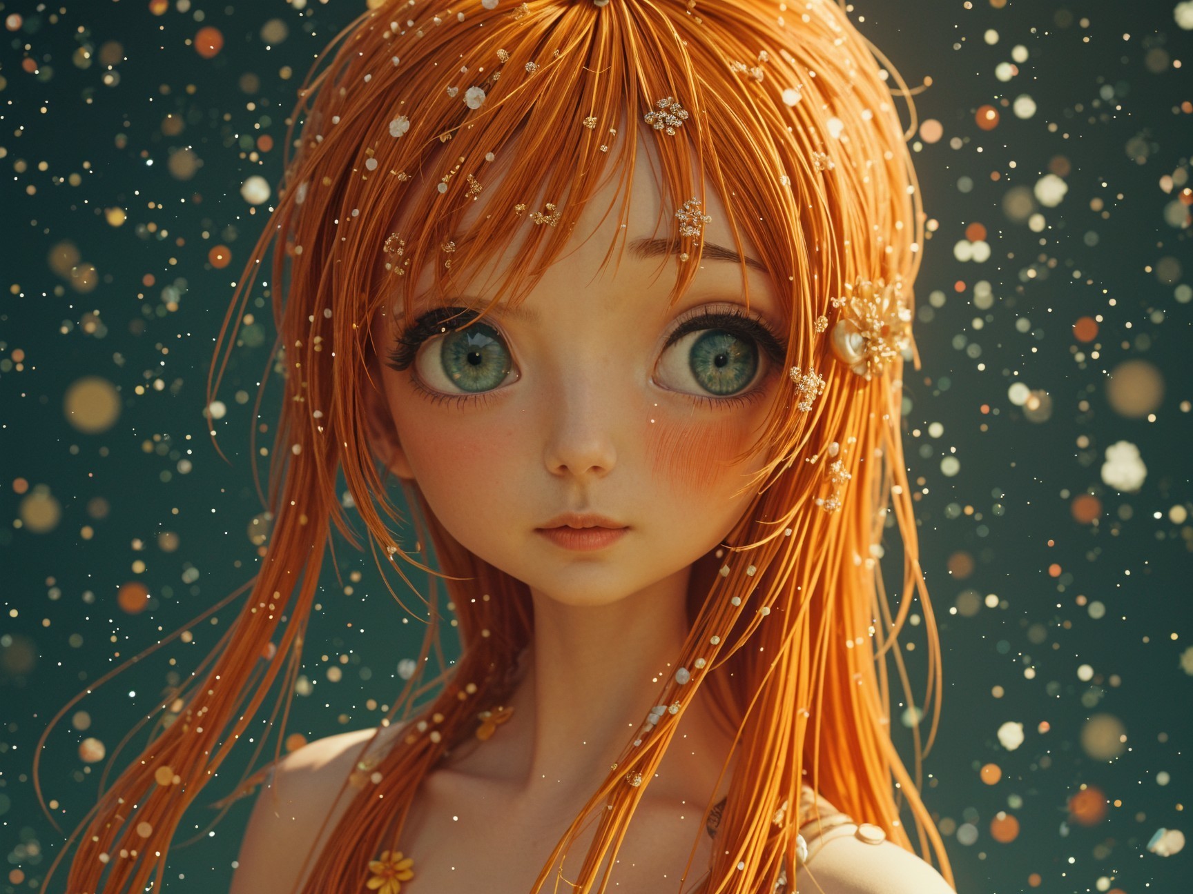 Delicate Character with Orange Hair and Ethereal Background
