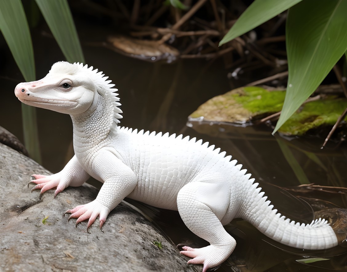 Rare Albino Alligator Resting Among Green Foliage