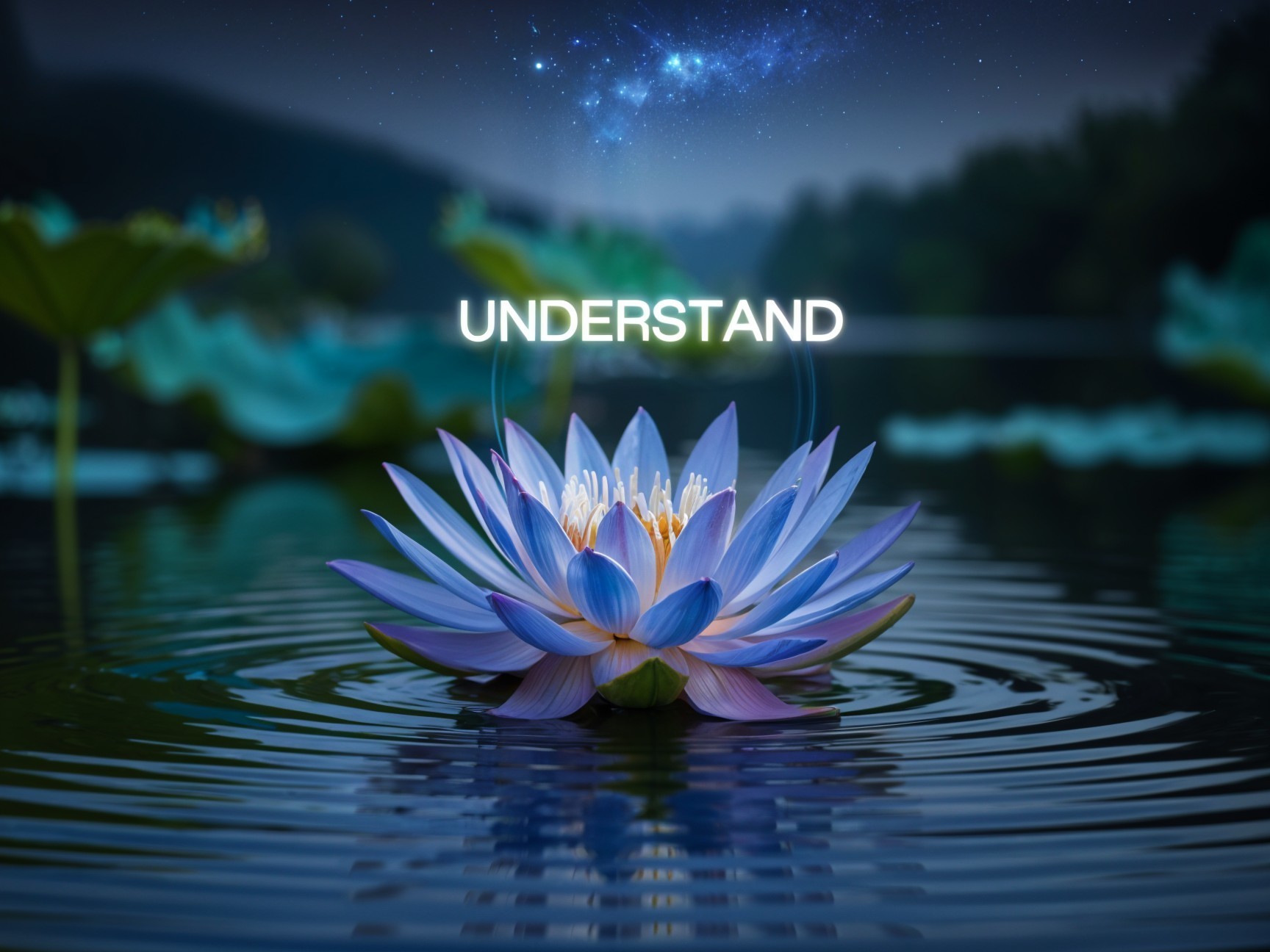 Lotus Flower in Tranquil Water with Starry Sky