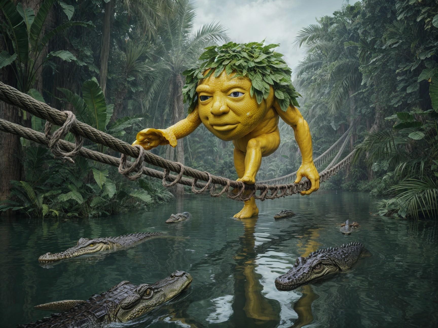 Whimsical Creature on Rope Bridge Over Jungle River