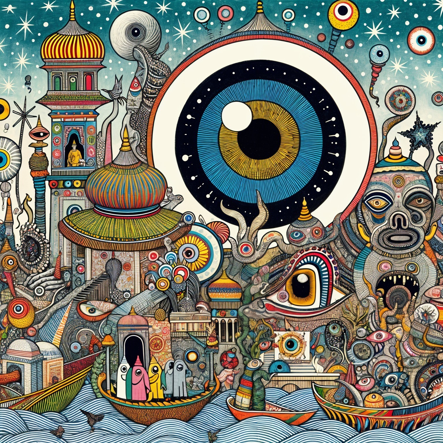 Surreal Landscape with Whimsical Creatures and Patterns