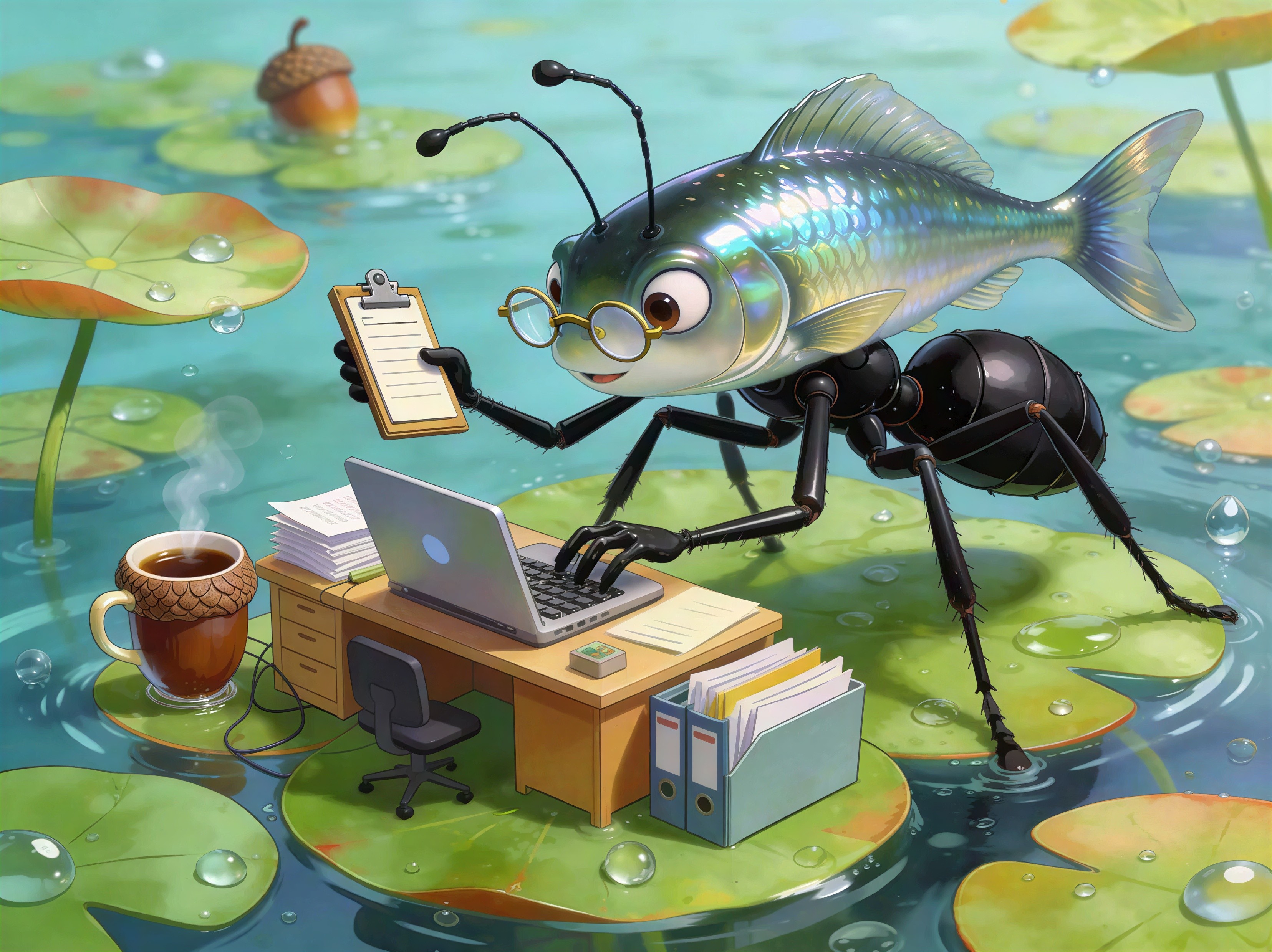 Anthropomorphic creature with fish body and ant legs