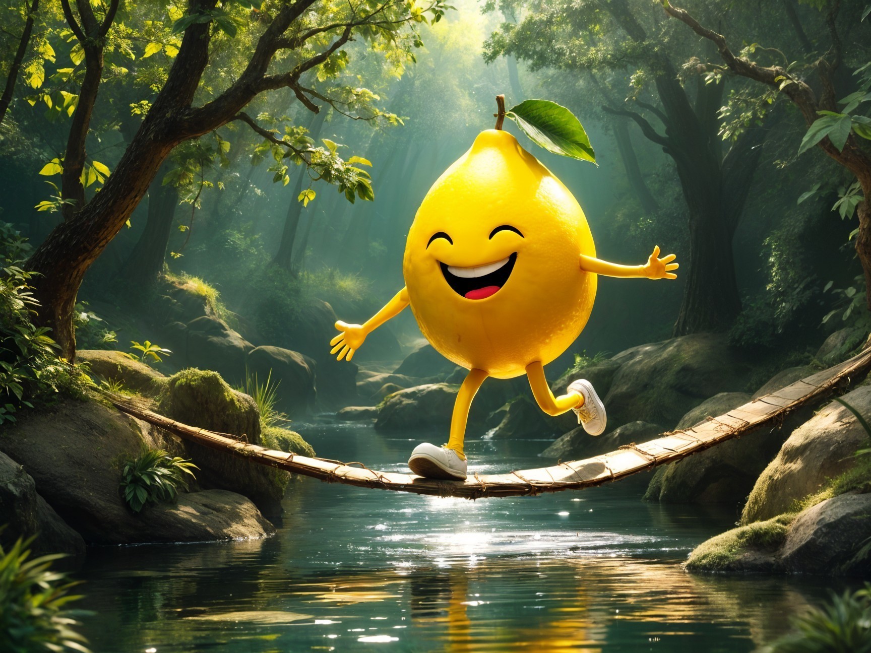 Lemon Character on Bridge in Vibrant Forest Scene