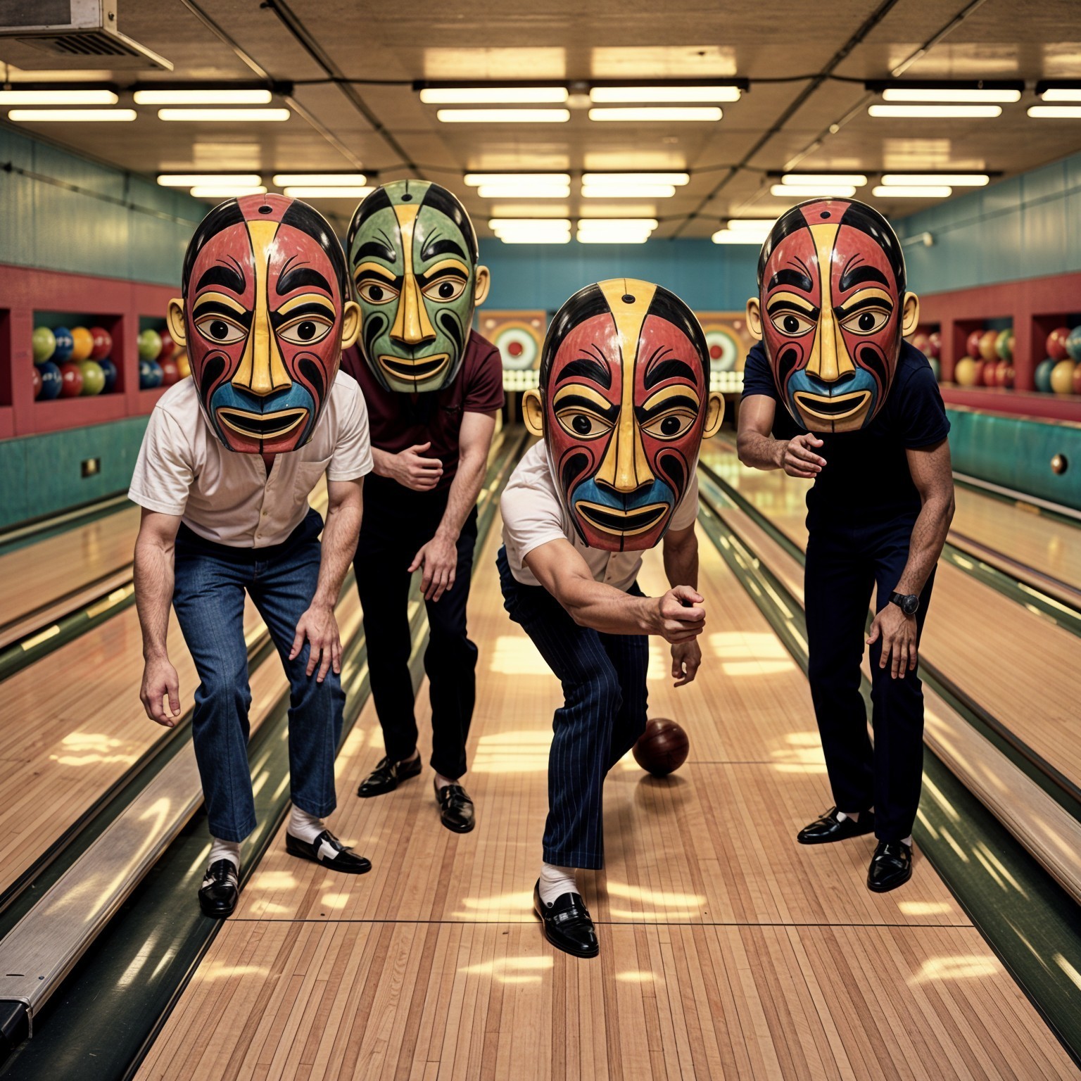 Oversized Tribal Masks in a Bowling Alley Setting