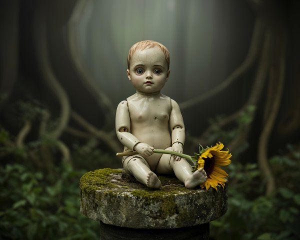 Vintage Porcelain Doll on Stone Pedestal in Forest