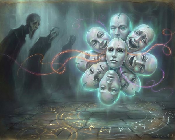 Dark Ethereal Painting with Masks and Shadowy Figures