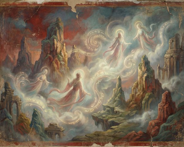 Aged painting of ethereal figures in mystical landscape