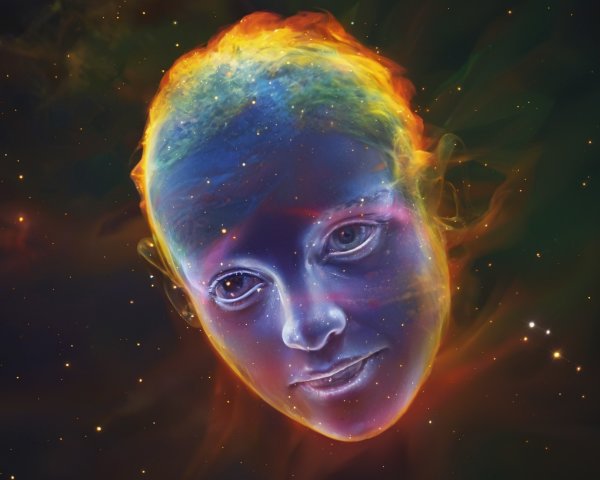 Surreal Cosmic Human Face in Vibrant Nebulae