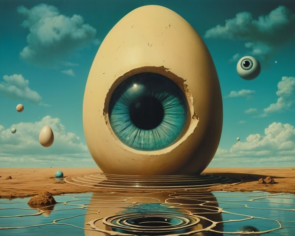 Surreal Landscape with Giant Egg and Reflective Water