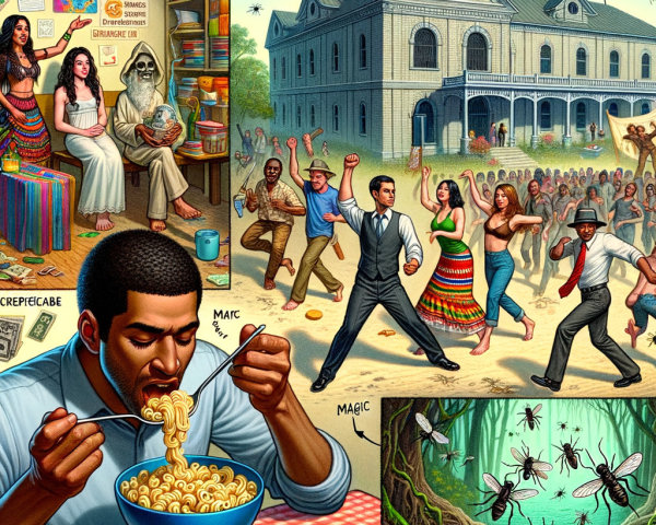 Vibrant Collage of Noodles, Dance, and Mystery