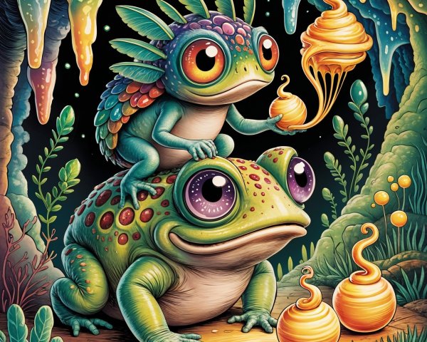 Whimsical Frogs in a Colorful Cave Scene