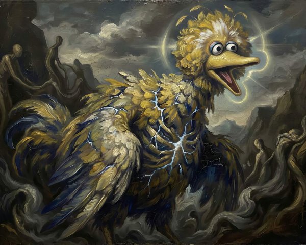 Giant Monstrous Bird in Surreal Oil Painting Scene
