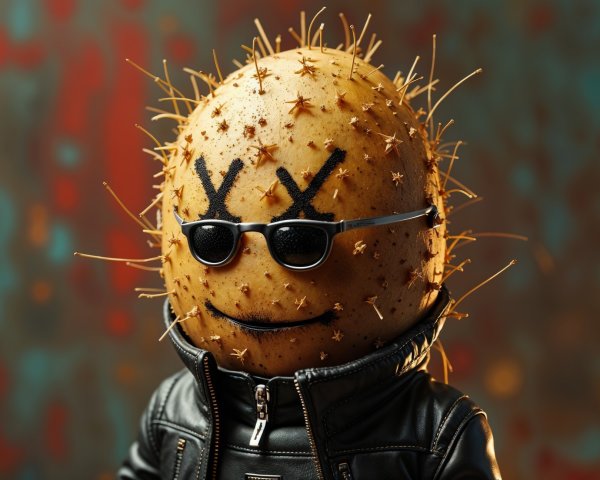 Whimsical Potato Character in Edgy Attire and Sunglasses