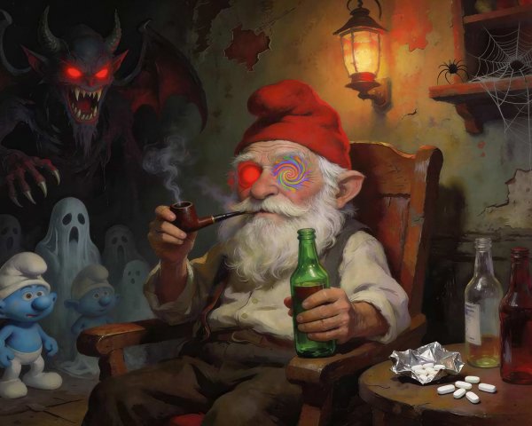 Gnome in Rocking Chair with Demon in Background