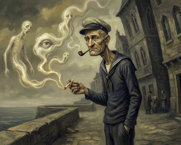 Painting of a Sailor with Ghostly Figures in Smoke