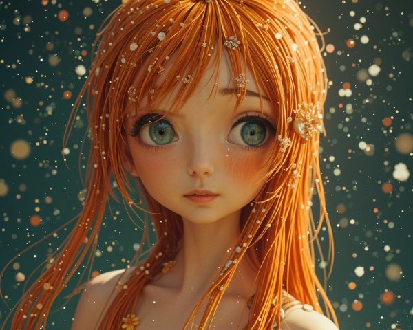 Delicate Character with Orange Hair and Ethereal Background